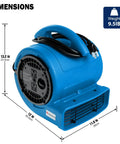 High Velocity Air Mover Blower Fan for Drying Floors and Carpets 800 CFM 1/5 HP, dimensions shown, blue design, portable