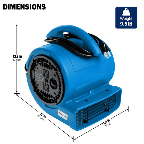 High Velocity Air Mover Blower Fan for Drying Floors and Carpets 800 CFM 1/5 HP, dimensions shown, blue design, portable