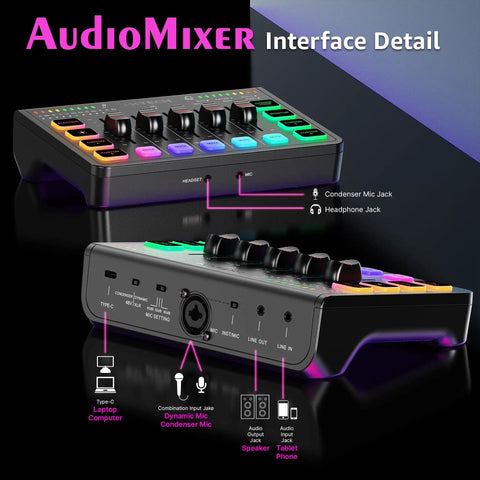 4 Channel Gaming Audio Mixer With RGB Streaming Interface showing XLR input, mic, and headphone jack