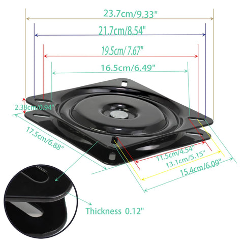 Two Pack 7 Inch Square Boat Seat Swivel Mount Plate For Outdoor Furniture And Bar Stools With Rock Solid 360 Degree Smooth Spin Heavy Duty Marine Grade Replacement Brackets measurement diagram with dimensions.