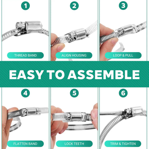Assembly steps of Beefy Heavy Duty 304 Stainless Steel Hose Clamp Band Kit Cut To Fit DIY Length 32.81 Ft With 12 Fasteners
