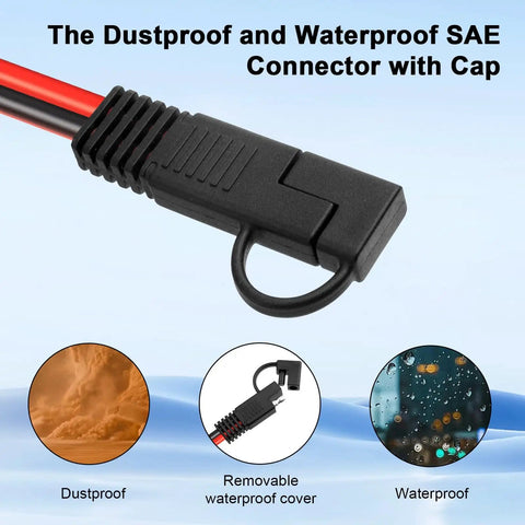 Beefy Heavy Duty 10 AWG SAE to Solar Panel Connector Cable with waterproof and dustproof cover visible