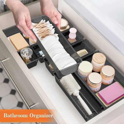 25 Piece Plastic Drawer Organizer Set With 4 Size Versatile Trays And Storage Bins for Makeup Jewelry Gadgets in Bathroom