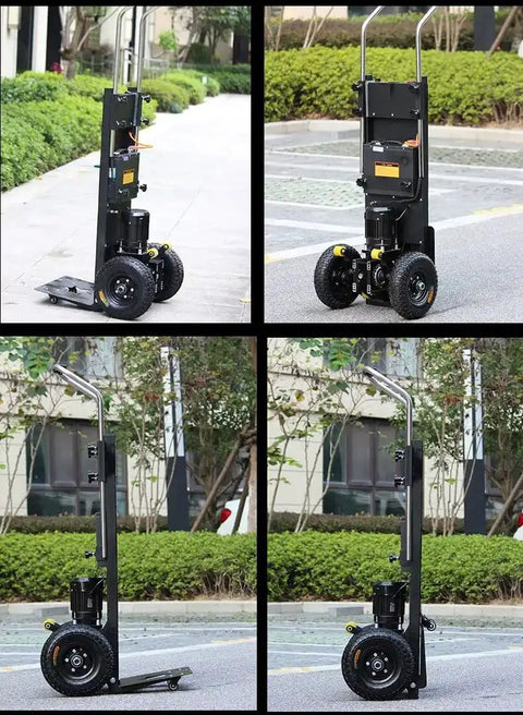 Heavy Duty Electric Stair Climber Dolly Cart with Motorized Motor, 880 Lb Capacity Folding Hand Truck side view with black frame.