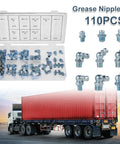 Grease Fittings Kit 110 Pcs Metric And NPT Assortment with 1/4 in and 1/8 in nipples, storage case and truck image