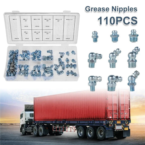 Grease Fittings Kit 110 Pcs Metric And NPT Assortment with 1/4 in and 1/8 in nipples, storage case and truck image