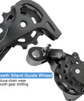 Close-up of rear derailleur for mountain and road bikes, 11 teeth silent guide wheel, steel body with PA nylon, direct mount.
