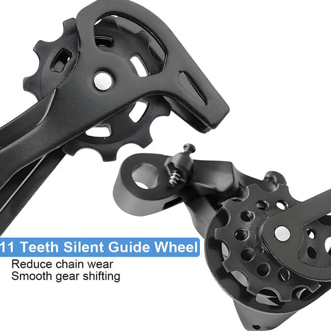 Close-up of rear derailleur for mountain and road bikes, 11 teeth silent guide wheel, steel body with PA nylon, direct mount.