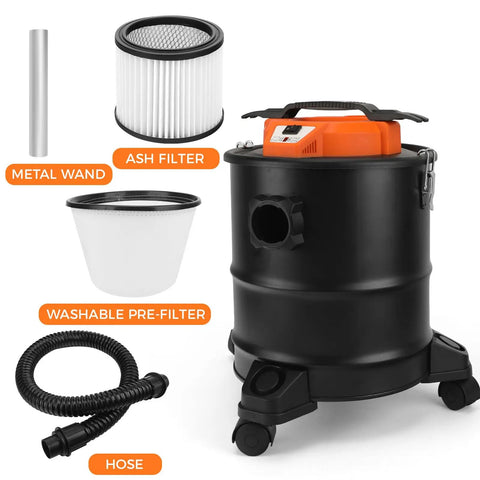 Heavy Duty Ash Vacuum For Pellet Stoves With Blower Function, 3.3 Gallon Corded Vacuum Cleaner, showing parts and accessories
