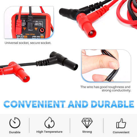 Beefed-Up 1000V 20A Multimeter Lead Kit with Comfort Grip Probes showing universal socket connection and durable cables