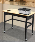 Heavy Duty Rolling Workbench Adjustable Height Rock Solid Steel Base Durable Hardwood Top Smooth Glide Casters Tool Cart For Garage Workshop Home Flex Setup with toolbox and screwdriver.