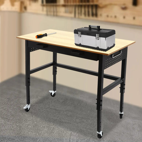 Heavy Duty Rolling Workbench Adjustable Height Rock Solid Steel Base Durable Hardwood Top Smooth Glide Casters Tool Cart For Garage Workshop Home Flex Setup with toolbox and screwdriver.