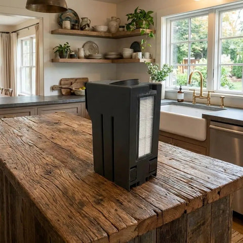 Reusable Self Empty Dust Bin For Roborock Qrevo Curv S5X Robot Vacuum on a wooden kitchen counter with dishes in background.