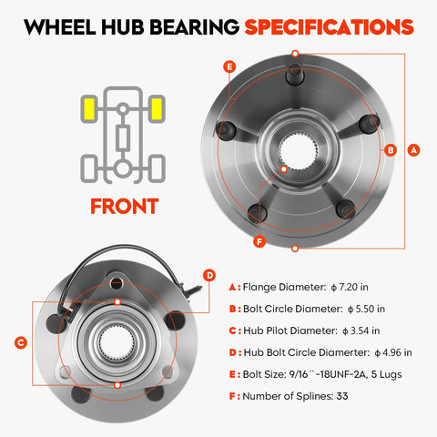 Front view of Front Wheel Hub Bearing Assembly For Ram 1500 2009 2010 2011 5 Lug With ABS Replacement 515126 specifications chart