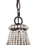 Farmhouse Boho Chandelier With Handmade Wood Beads For Dining Room Or Living Room, close-up of white distressed wood beads
