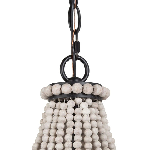 Farmhouse Boho Chandelier With Handmade Wood Beads For Dining Room Or Living Room, close-up of white distressed wood beads
