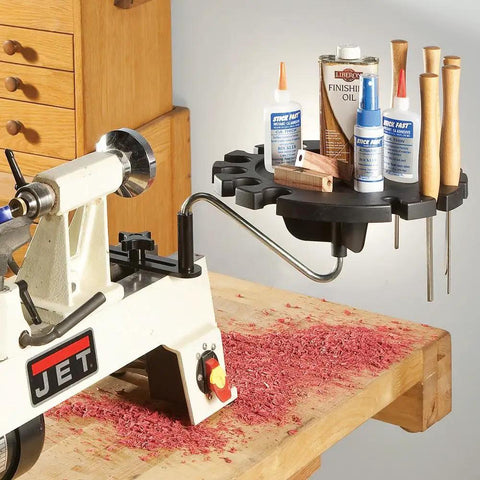 Heavy Duty Lathe Tool Holder With Steel Pivot Arm And 12 Slot Tray For Woodturning Chisels, Round Tool Organizer Mounts On Lathe Bed
