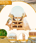 Heavy Duty Bamboo Dish Drying Rack Three Tier Collapsible Wooden Drainer With Utensil Holder Smooth Fold Flat Plate Organizer showcasing stacked plates and utensils.