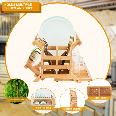 Heavy Duty Bamboo Dish Drying Rack Three Tier Collapsible Wooden Drainer With Utensil Holder Smooth Fold Flat Plate Organizer showcasing stacked plates and utensils.