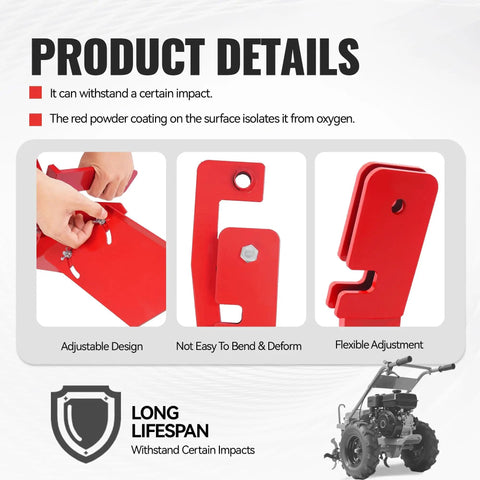 Hiller Furrower Kit For Rear Tine Tiller With Adjustable Wing Fit For Land Reclamation, red steel parts, close-up details