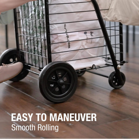 Folding Shopping Cart With Wheels For Grocery And Laundry, Lightweight Yet Durable Trolley in use on floor, close-up of wheels.