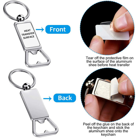 20 Pack Sublimation Keychain Blanks With Bottle Opener showing front and back with peel instruction