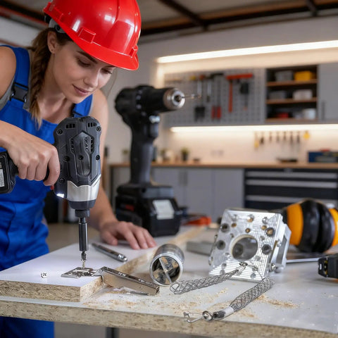 Top Shelf Wire Pulling Grips Set Includes Two Galvanized Steel Cable Puller Socks For Effortless Light Or Heavy Wire Fishing, worker using power tool.