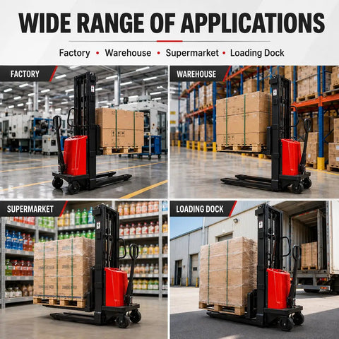 Heavy Duty 3500 Lbs Carbon Steel Semi Electric Pallet Stacker With Electric Drive And Manual Lift for loading dock applications.