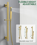 Premium Dual Head Rainfall Shower System With Twenty Six Custom Spray Settings Sweet Brushed Gold Finish, height adjustable design.