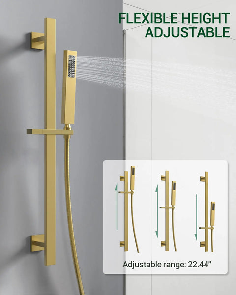 Premium Dual Head Rainfall Shower System With Twenty Six Custom Spray Settings Sweet Brushed Gold Finish, height adjustable design.