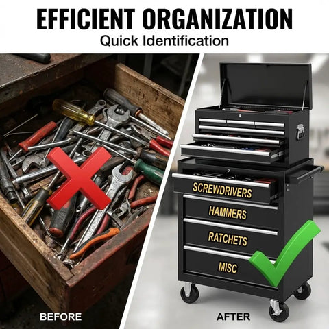 Comparison of disorganized tools in a drawer vs organized tools with Huge 15 Pack Magnetic Toolbox Labels Sixty Percent Bigger With Bold Readable Text For Quick Tool Finding High Visibility Drawer Labels For Steel Chests Reusable Garage Cabinet Organizers