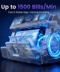 No Sweat Top Loading Digital Money Counter With Advanced Ultraviolet Infrared Anti Counterfeit Tech For Fast Dollar Euro Canadian Bill Counts Batch Function stacks hundred dollar bills efficiently.