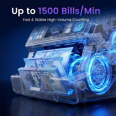 No Sweat Top Loading Digital Money Counter With Advanced Ultraviolet Infrared Anti Counterfeit Tech For Fast Dollar Euro Canadian Bill Counts Batch Function stacks hundred dollar bills efficiently.