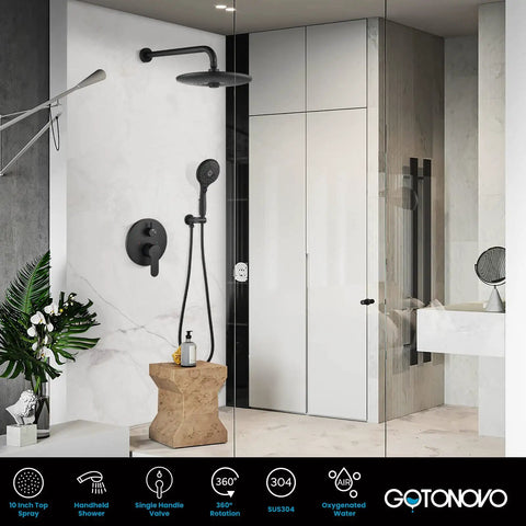 10 Inch Round Rainfall Shower Head Kit With 3 Modes And 6 Function Handheld Spray Wall Mounted System Includes Pressure Balanced Valve And Trim Included Matte Black in modern bathroom setup