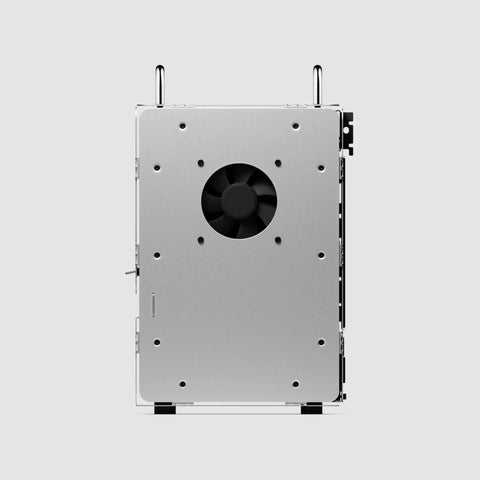 DIY Mini ITX PC Case Kit With Powder Coated Aluminum Chassis Chrome Handles Dual Slot GPU Small Form Factor Build Desk Ready Compatible With SFX Power Supplies, shown from the top view.