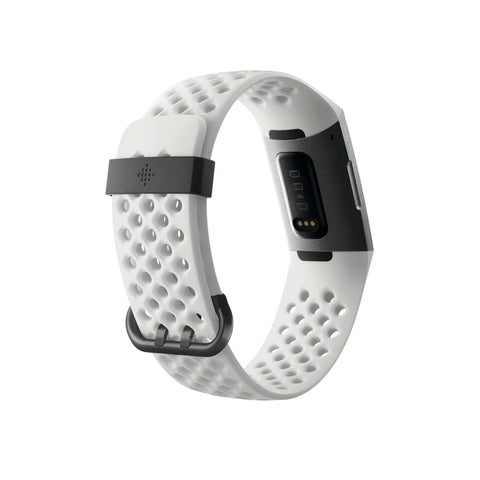 Charge 3 SE Fitness Tracker with Graphite White Silicone Band, showing sensor side, bundle includes small and large bands.
