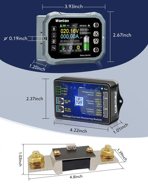 Battery Monitor With 400A Shunt For RVs Motorcycles Golf Carts And Solar Setups 0 To 120V Battery Meter With 2.4 Inch Color LCD Screen Capacity Percent Time Power And Voltmeter Display Supports High And Low Voltage