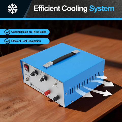 Blue housing of Pro Grade 110V Portable Spot Welder Kit With Pedal Switch showing cooling system on table