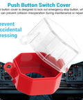 Emergency Stop Button Lockout Cover Kit Four Pack for Industrial Control Panels, clear and red shield on machinery background