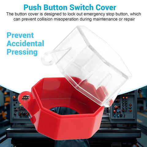 Emergency Stop Button Lockout Cover Kit Four Pack for Industrial Control Panels, clear and red shield on machinery background