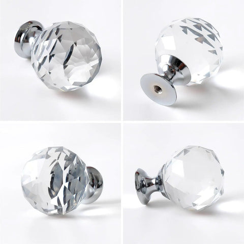 Four angles of the Six Pack Clear Crystal Glass Diamond Door Knob Set For Cabinets And Dressers Round Wardrobe Pull Knobs With Aluminum Base