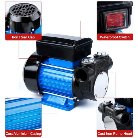 Heavy Duty Electric Oil Transfer Pump 110V Generating 18 Gpm Lightning Fast Flow And A Rock Solid 49 Ft Lift For Diesel Fuel, featuring cast aluminum casing and waterproof switch.