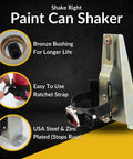 Side view of Drill Powered Paint Shaker Electric Spray Can Mixer showing bronze bushing and ratchet strap for 5-16 oz cans.