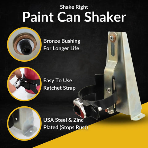 Side view of Drill Powered Paint Shaker Electric Spray Can Mixer showing bronze bushing and ratchet strap for 5-16 oz cans.