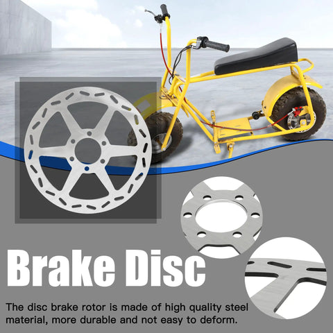 180mm Mini Bike Disc Brake Rotor With Pads Replacement for Baja Doodle Bug and other models displayed with yellow mini bike