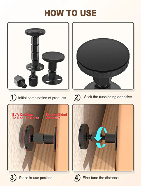 Adjustable Threaded Bed Frame Stabilizer Anti Shaker Headboard Wedge Knocks installation steps with adjustable bolts and EVA cushion.