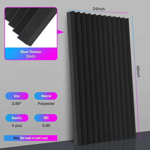 4 Pack Heavy Duty Acoustic Foam Panels 48 By 24 By 2 Inches Sound Proof Wall Tiles displayed with measurements and material details.