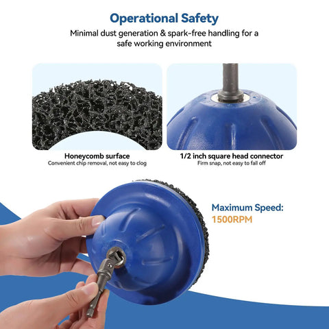 Six Inch Wheel Hub Resurfacing Kit with Polisher and Drill Adapter, operational safety details, honeycomb surface, and connector