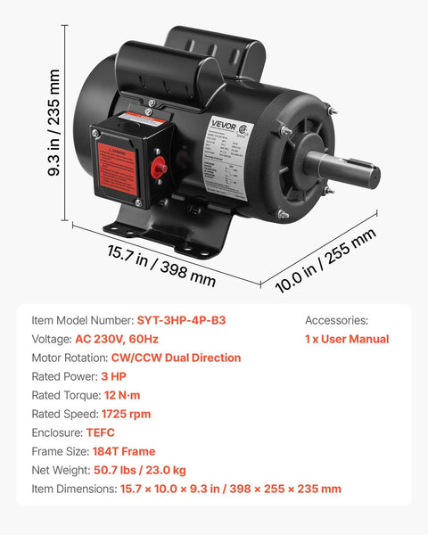 Heavy Duty 3 HP Single Phase Electric Motor For Air Compressors 1750 RPM CW CCW Rotation 230V TEFC 184T Frame With 1.125 Inch Shaft Diameter