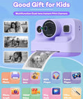 Instant Print Camera For Kids With 2.4 Inch Screen And Quick Photo Printing, Fun Portable Gift For Christmas Or Birthday, Ideal For Ages 3 To 12, Purple Color, Includes 32GB Memory Card, Lanyard, And Three Printing Paper Rolls Included. Purple dual-lens kids instant print camera with photo printing